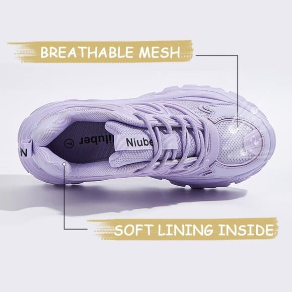 Women's Chunky Sneakers White Black Purple Platform Breathable Casual Lace Up - Picture 3 of 7